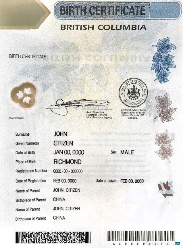 Download Canada British Columbia Birth Certificate template in PSD Photoshop template
